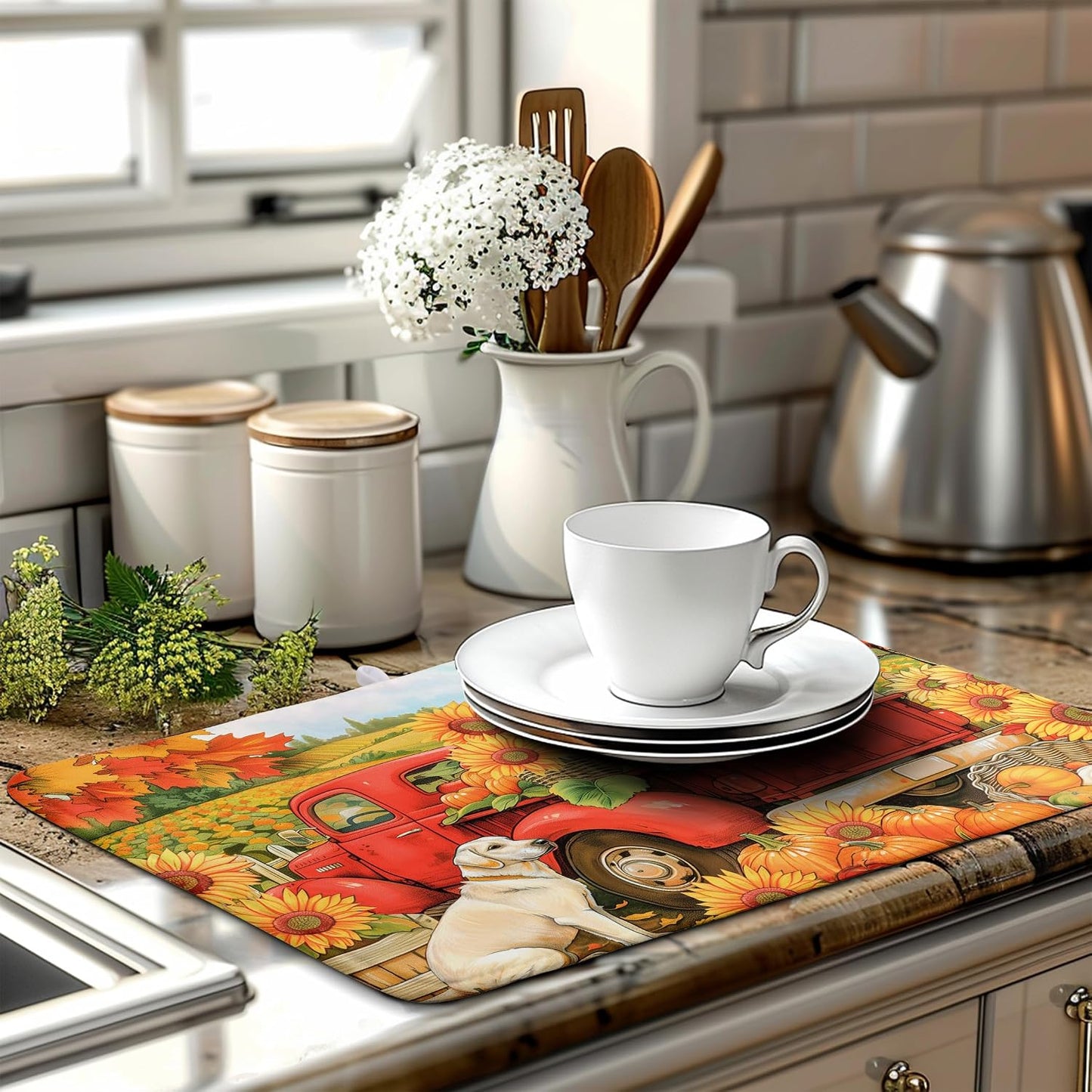 Sunflower Dish Drying Mat Pumpkin Fall Dish Drying Pad Thanksgiving Kitchen Drying Mat Truck Dish Drying Matt Autumn Harvest Dish Drainer Mat 18x24 In Coffee Maker Mats
