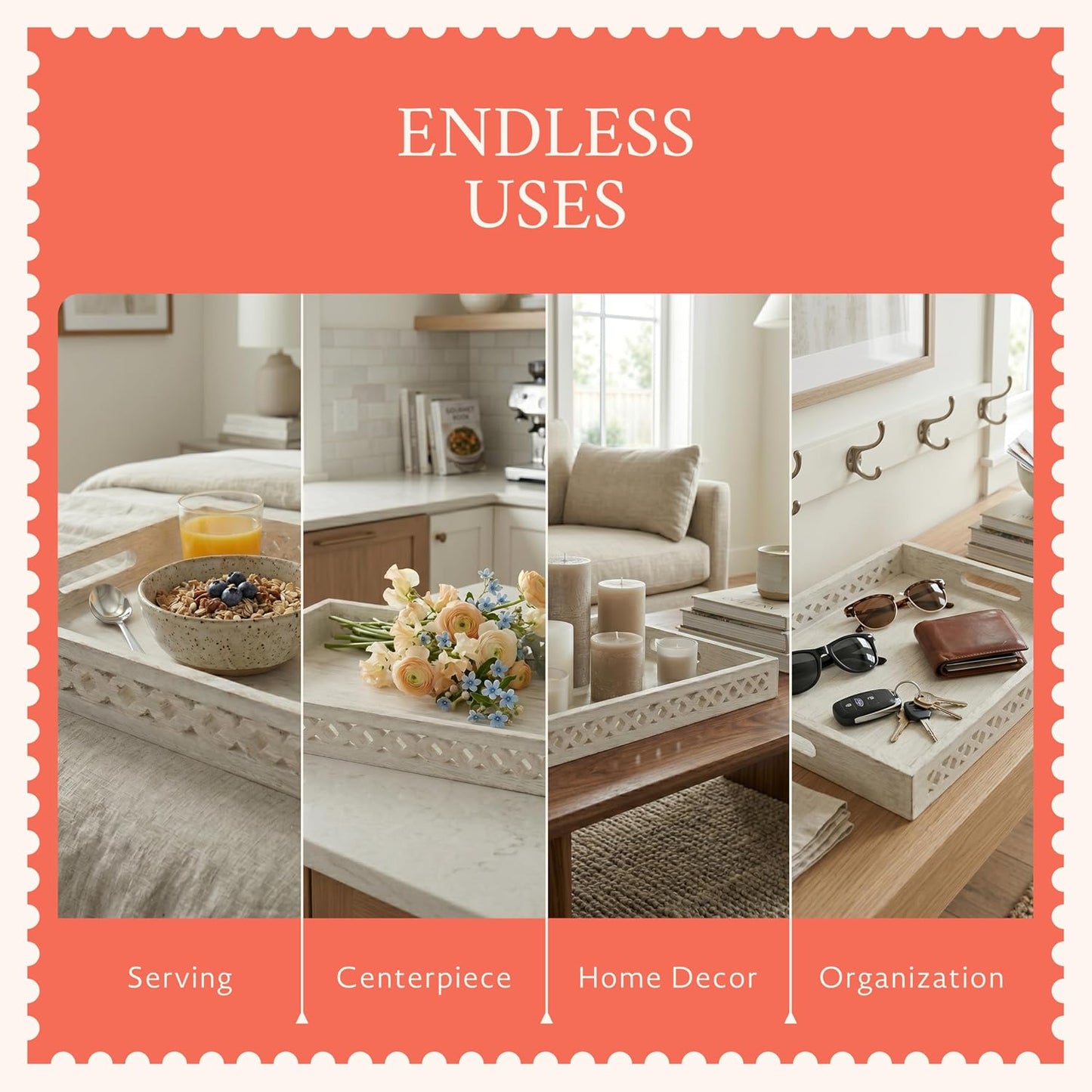Mela Artisans Trellis Mango Wood Serving Tray - Whitewash, 16x12 in | Handcrafted wooden tray with handles for coffee table accents, kitchen countertop storage, snacks and general home decor.