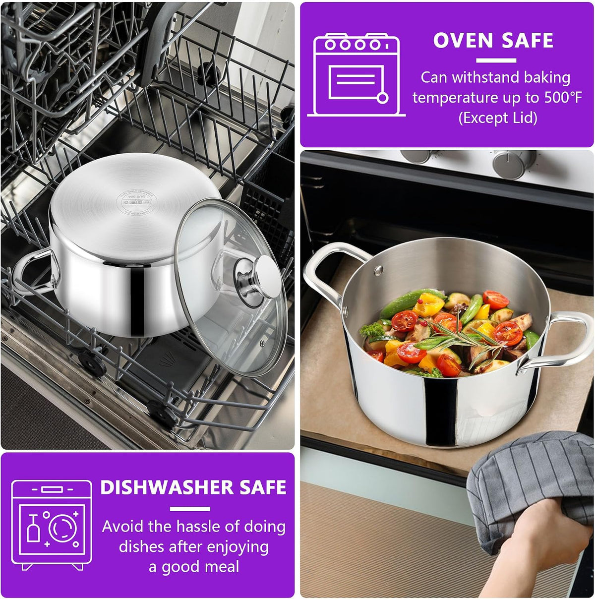 P&P CHEF 5 Quart Tri-Ply Stainless Steel Stock Pot, 5 Qt Stockpot Pasta Cooking Pot with Visible Lid for Soup Vegetable, Induction Cookware for All Stoves, Sturdy & Double Handle, Dishwasher Safe