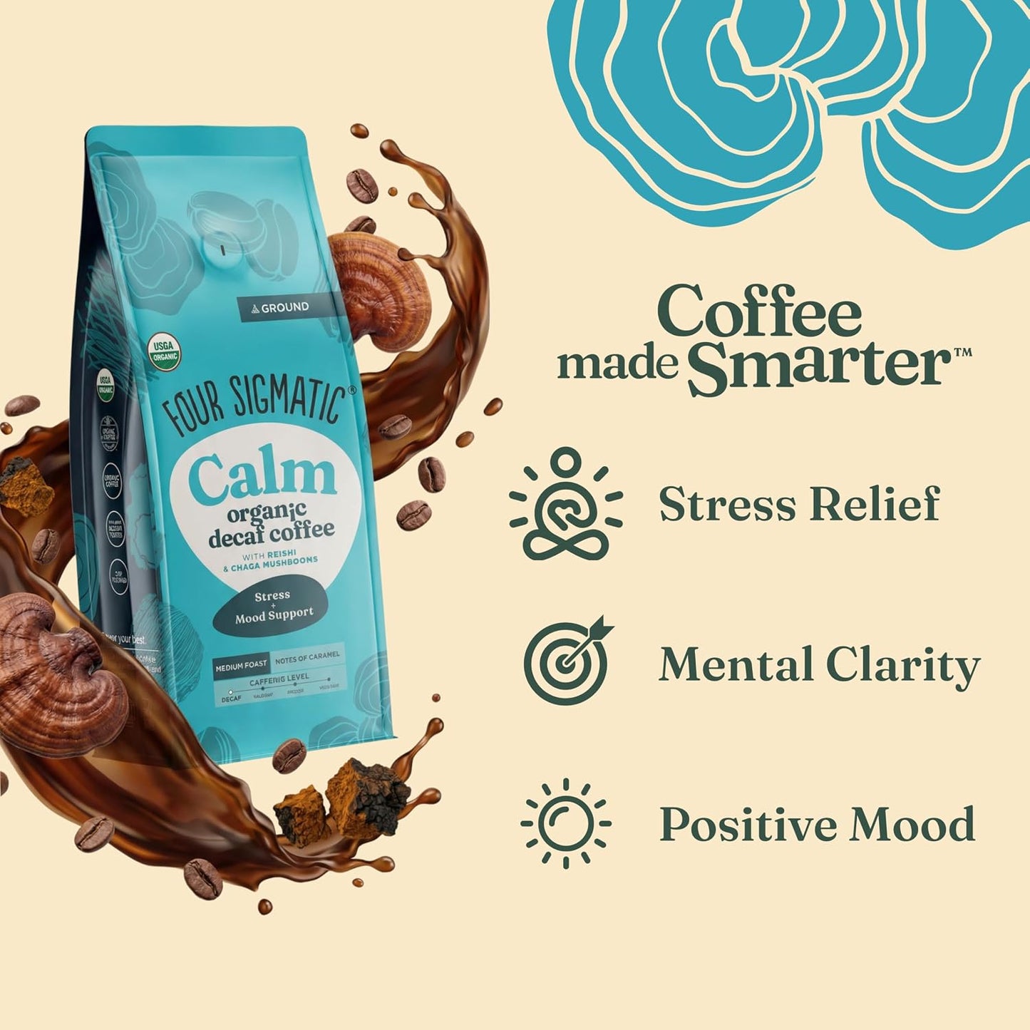 Four Sigmatic Calm Organic Decaf Ground Coffee | Swiss Water Decaf Coffee with Chaga & Reishi Mushroom Extracts | 10oz Bag