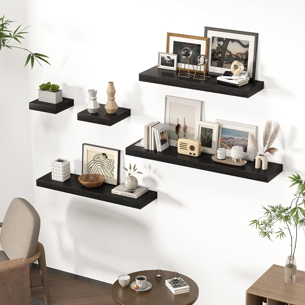 FLYJOE Square Floating Shelves for Wall, 12" W x 12" D x 1.4" H, Small Wooden Wall Mounted Display Shelves with Invisible Brackets for Living Room, Bedroom, Bathroom, Kitchen Decor, Set of 3, Black