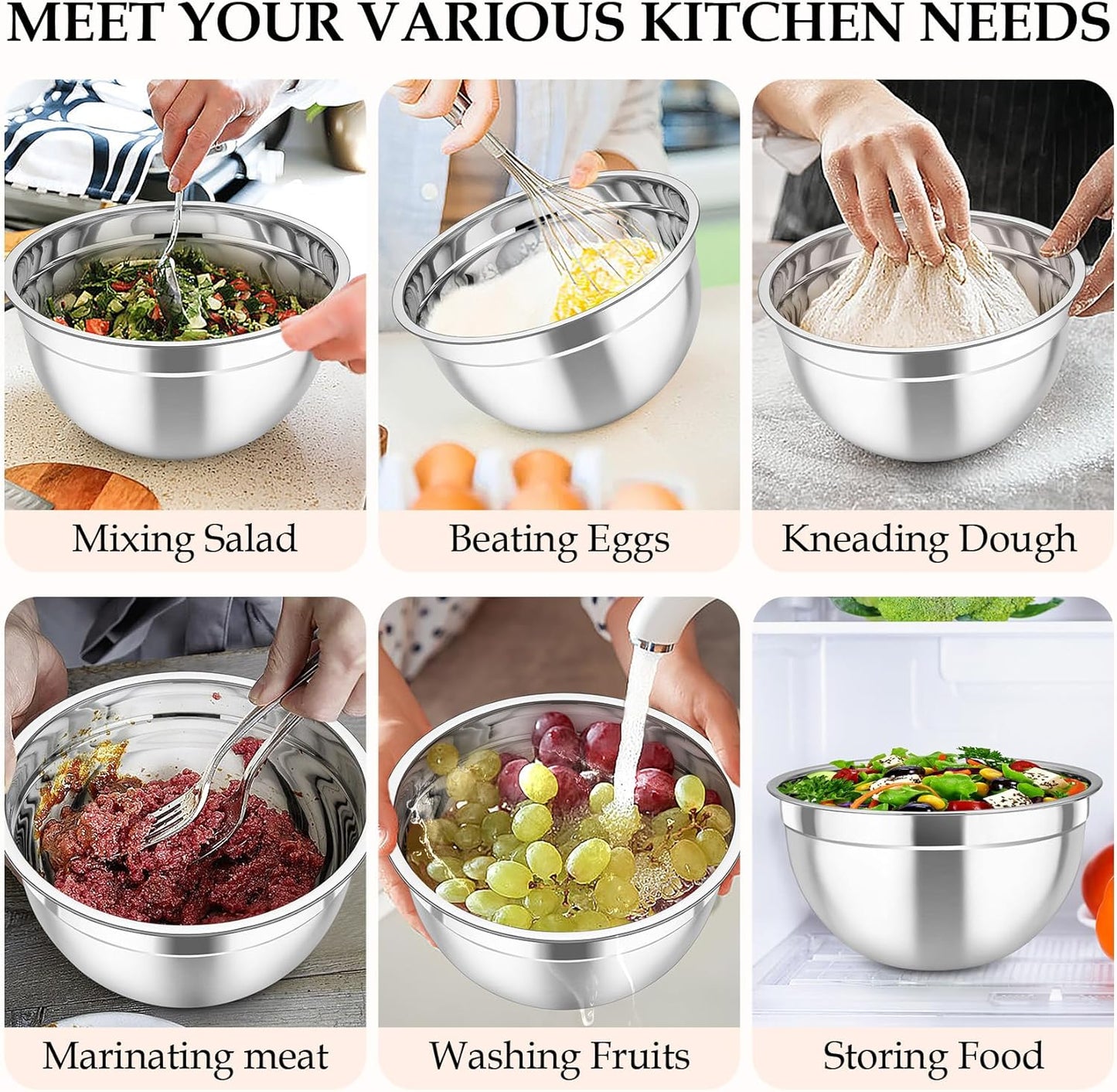 TeamFar Mixing Bowls, 6PCS Stainless Steel Nesting Mixing Salad Bowl with Lids & 3 Grater Attachments, for Food Cooking Baking Storing, Healthy, Khaki - 4.6/2.6/2 / 1.5/1 / 0.7 QT