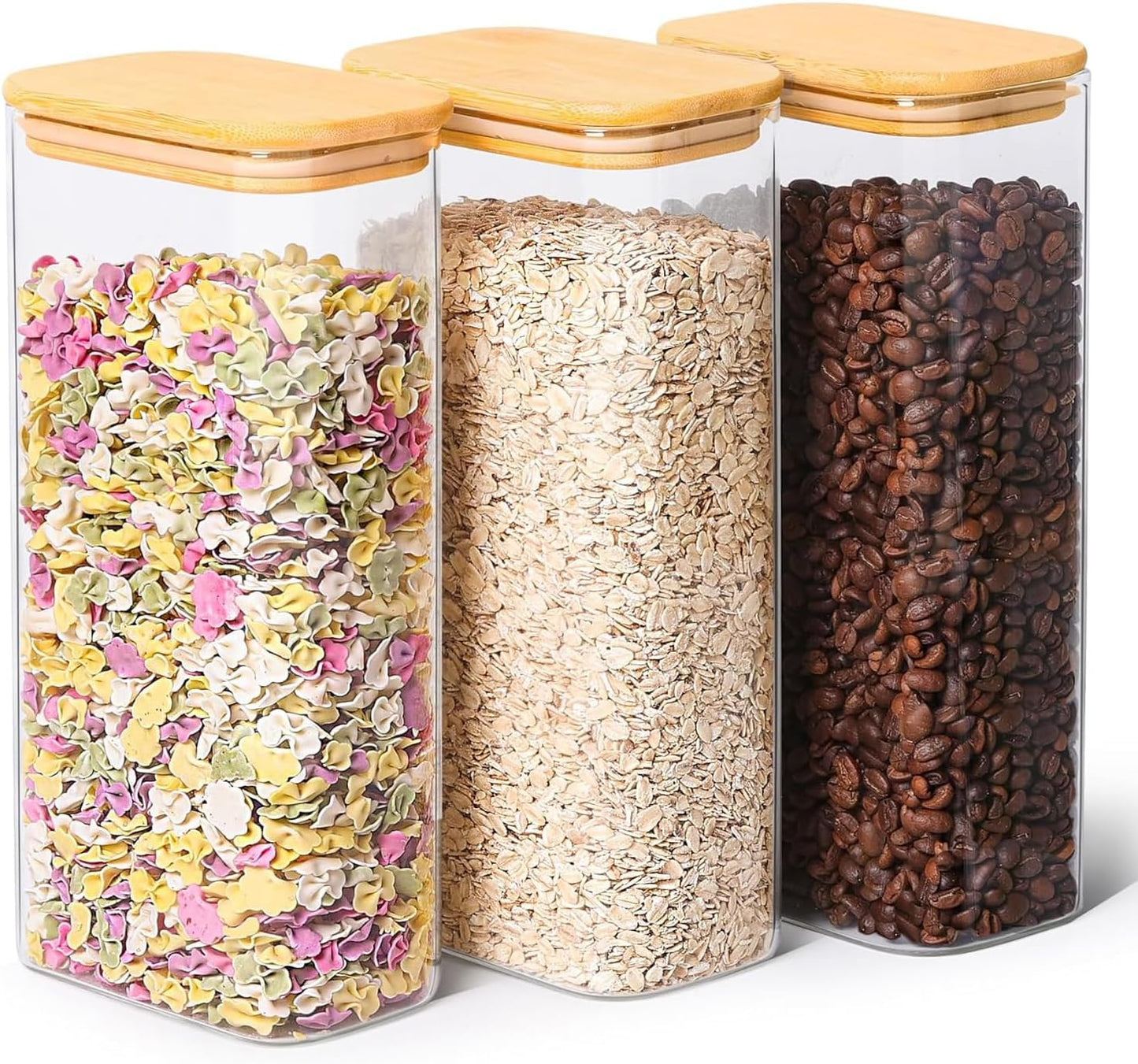 ComSaf 2 Qt Rectangle Glass Storage Containers with Lids, Glass Jars with Bamboo Lids, Clear Food Ja
