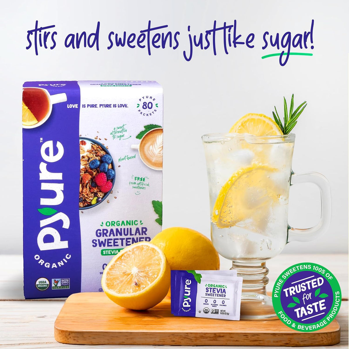 Pyure Organic Stevia Packets | Zero Calorie Sweetener For Coffee, 40 Count | Zero calorie organic stevia packets for coffee, tea, baking, keto, paleo, diabetic diets, lunchboxes, travel, and office