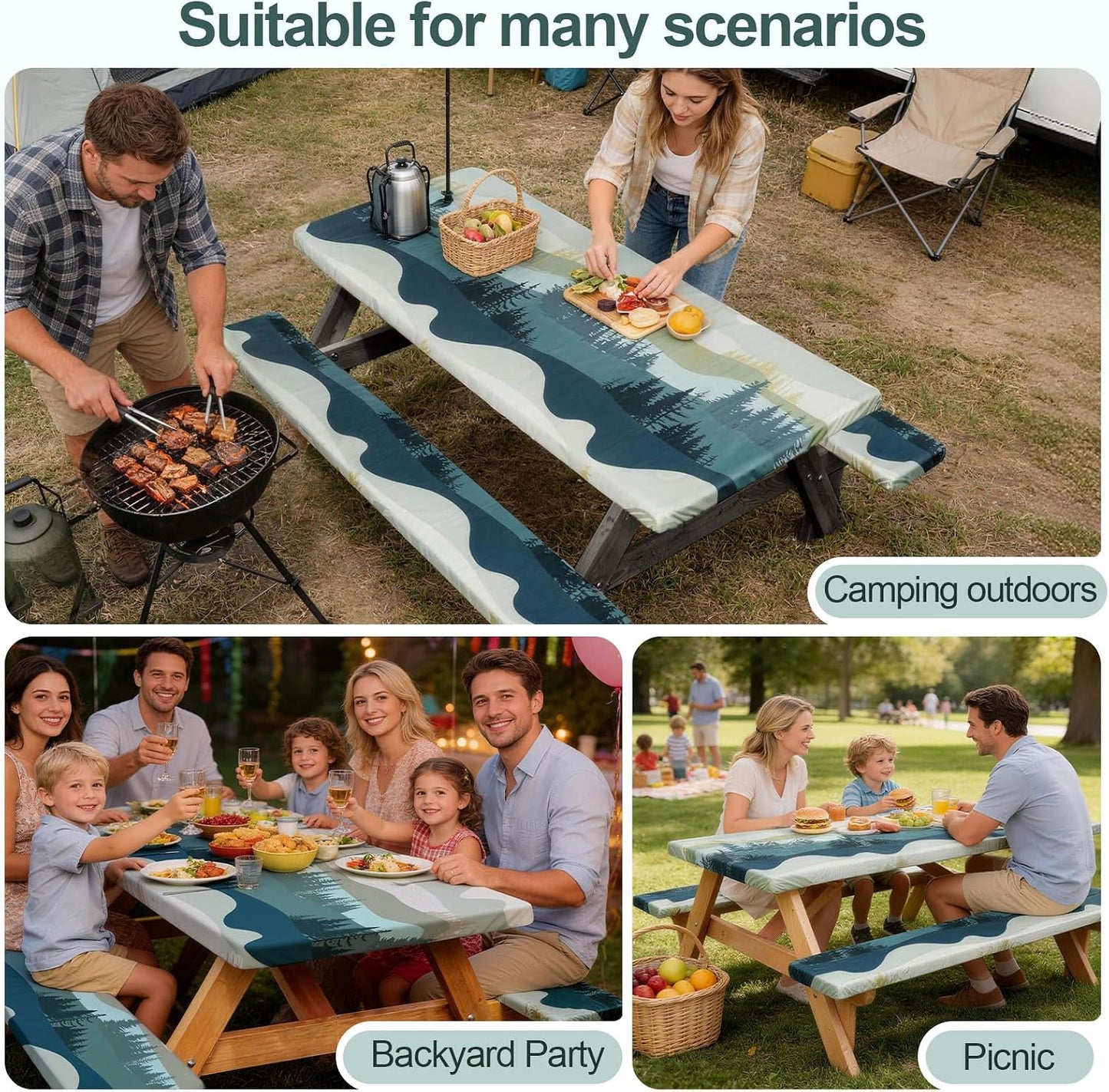 Picnic Table Cover with Bench Covers Camping Essentials Waterproof Windproof Camping Tablecloth with Drawstring Bag, Fit