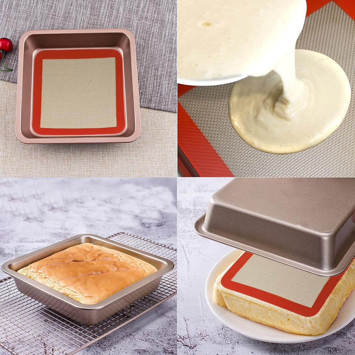 Silicone Baking Mats for 8 inch Square Cake Pan, Non-stick Reusable Cookie Sheet Liner for Baking Pan, Professional Food Grade Oven Liner Sheets Mats for Bread/Toast/Pastry/Cookie/Pie/Pizza 2 PCS 8x8