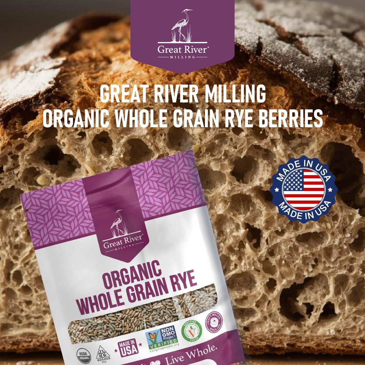 Great River Milling Organic Whole Grain Rye Berries, Non-GMO, 2 lb | Organic Whole Rye Berries for home-milled rye flour, sourdough bread, sprouting, soups, salads and pilaf; chewy cooked grain