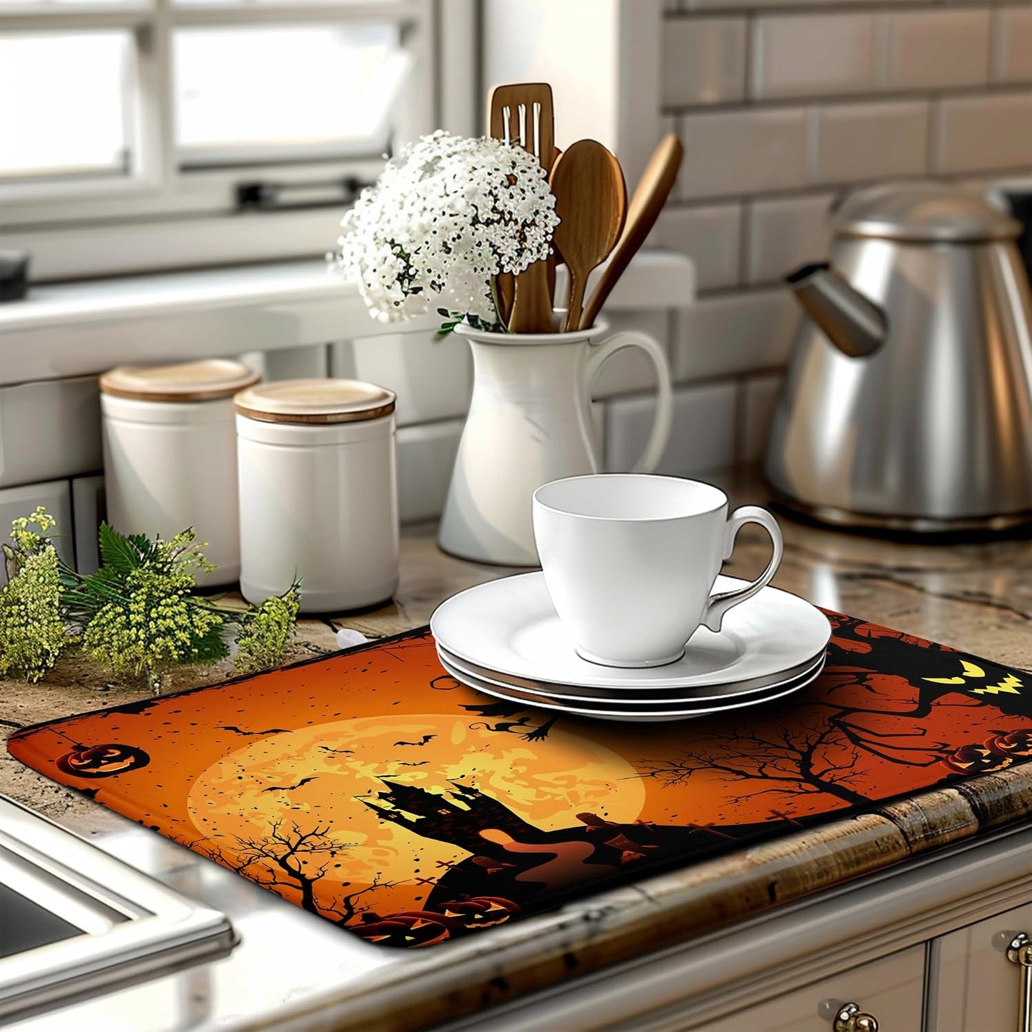 Happy Halloween Dish Drying Mat Fall Pumpkin Witch Dishes Draining Mats Spooky Castle Coffee Bar Bats Trick or Treat Dish Drying Pad Self Fast Absorbent Dryer Mat for Kitchen Countertop (18x24 in)