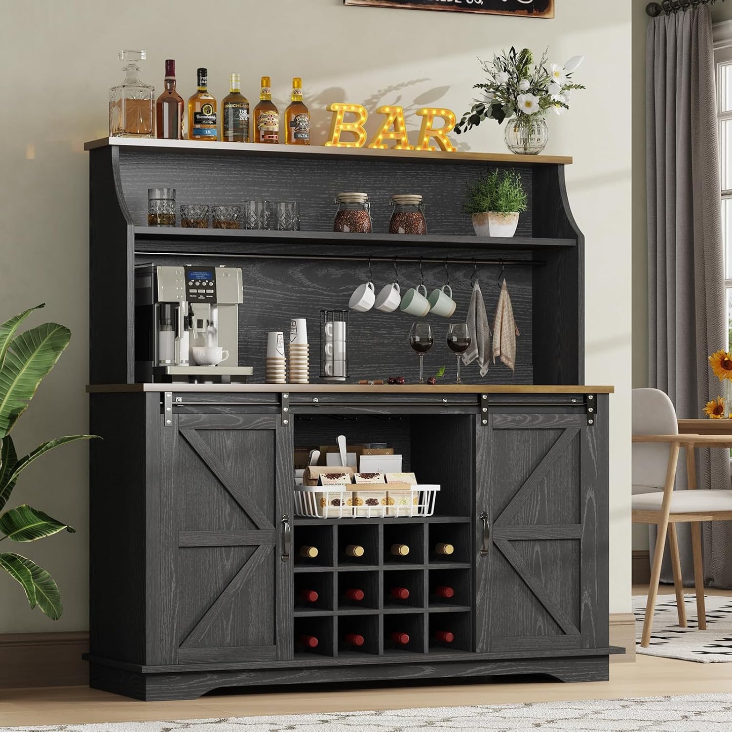 REVOMINCA 55" Farmhouse Coffee Bar Cabinet with 3 Tier Storage Hutch, Black