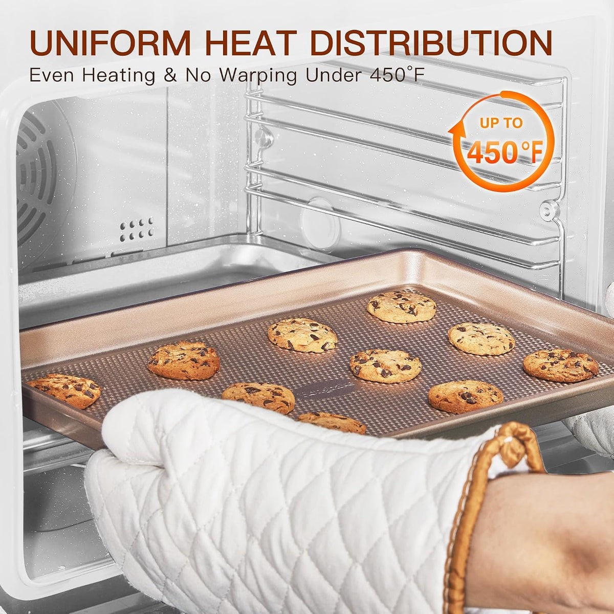 3 Pack Gold Nonstick Baking Sheet Pan Set with Oven Mitts Heat Resistant, Non-Toxic Half/Quarter/Jelly Roll Pans with Diamond Texture Pattern, Heavy Duty 0.8mm Thick Cookie Trays for Cooking