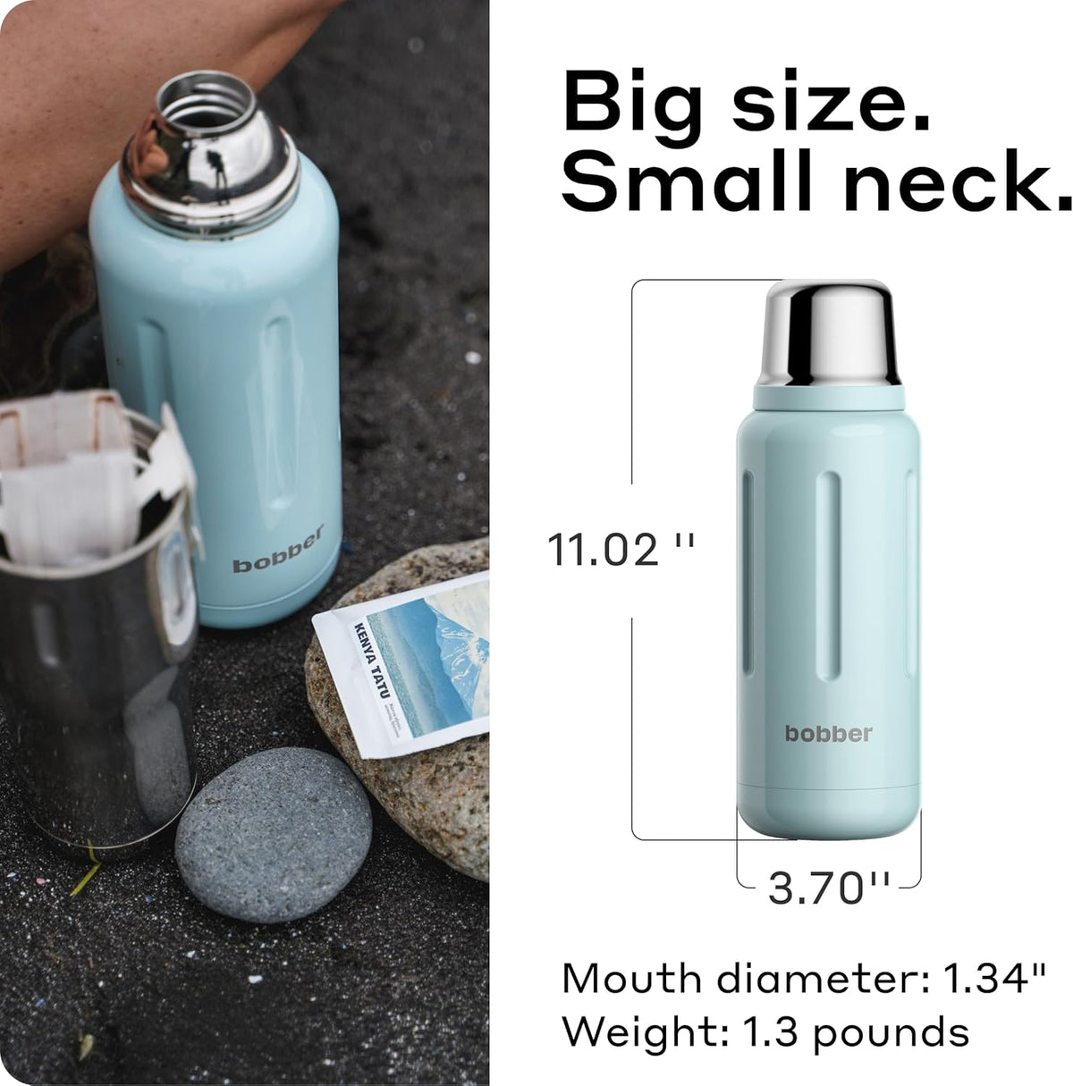 BOBBER 34 oz Stainless Steel Travel Thermos for Hot and Cold Drinks – Dishwasher Safe Metal Water Bottle with Cup Lid –