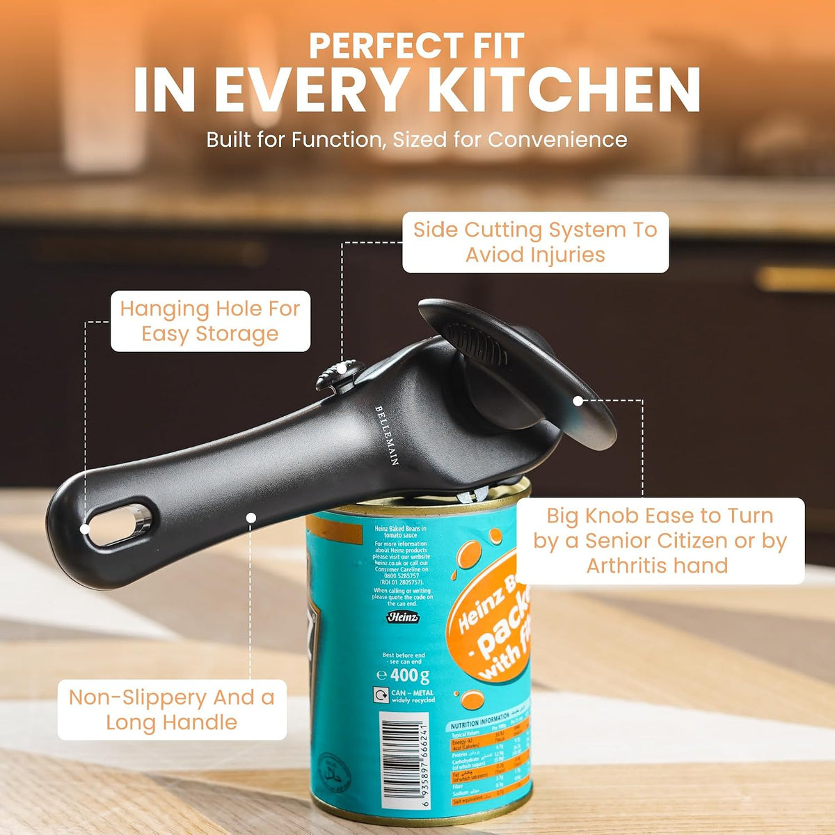 Bellemain Ergonomic Can Opener, Easy Safe-Cut for Seniors & Restaurants