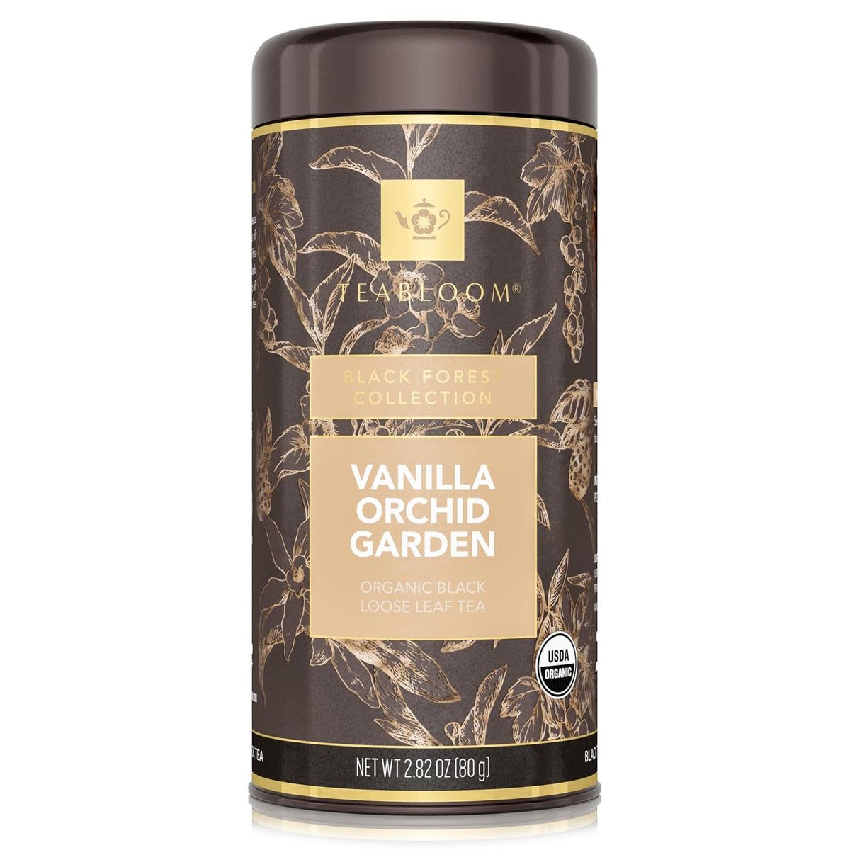 Teabloom Organic Black Tea, Vanilla Orchid Garden Loose Leaf Tea, USDA Certified Organic and Kosher Certified, 2.80 Ounce Canister Makes 35-50 Cups