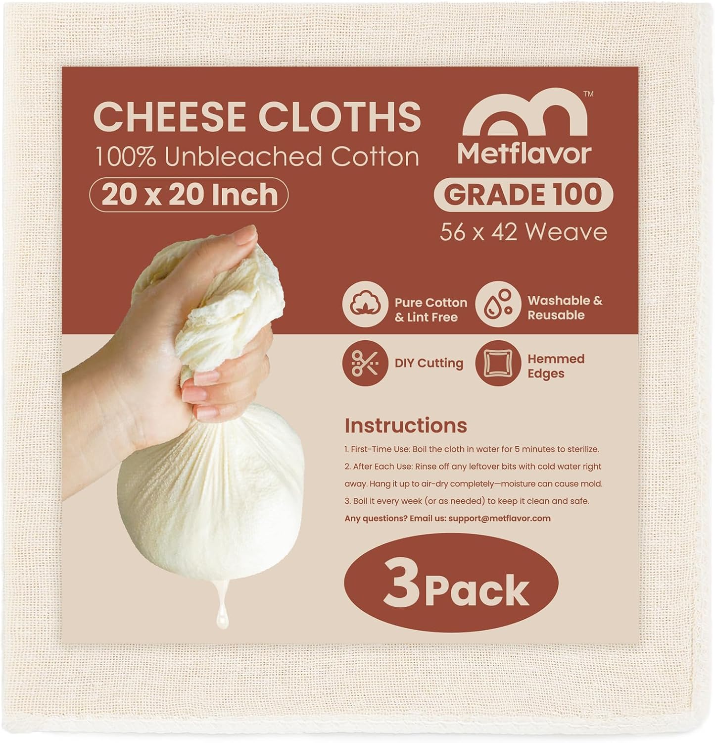 3Pcs Reusable Cheesecloth for Straining 20x20 Inch,100 Grade Cheese Cloths Hemmed Edges, 100% Unblea
