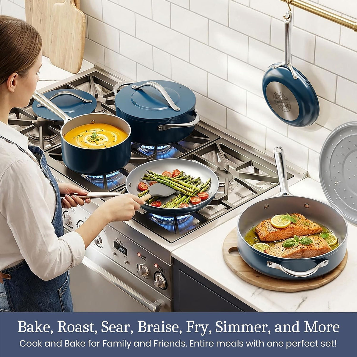 Nonstick Ceramic Frying Pan 8 Inch for Induction Cooktop - Non Toxic PTFE/PFOA/PFAS Free, Oven & Dishwasher Safe up to 500°F - Non Stick Small Egg Skillet with Stay-Cool Handle - Navy Blue