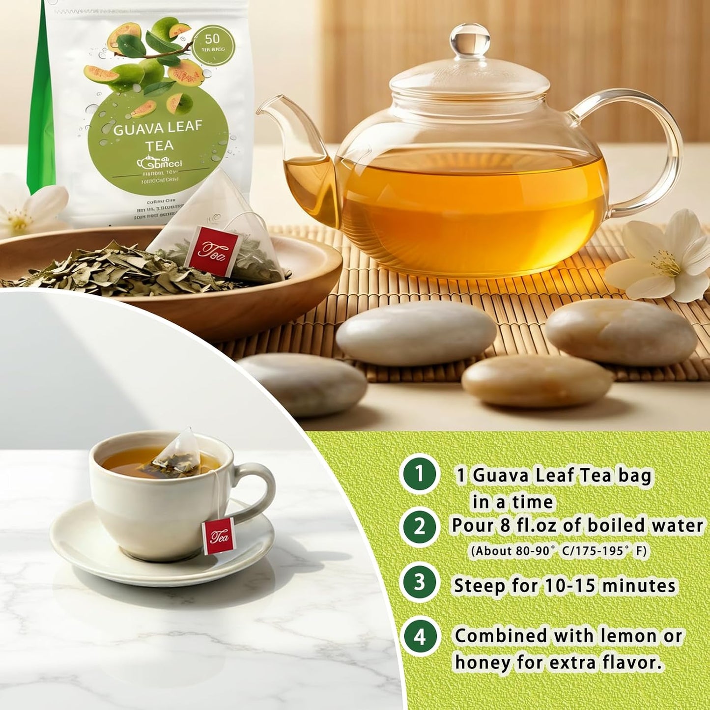 Samcci Guava Leaves Tea Bags, 50 Counts, Hojas De Guayaba, Pure Guava Leaf | Immune Support - Digestion & Relaxation - Non-GMO - Caffeine-free, Resealable Pouch
