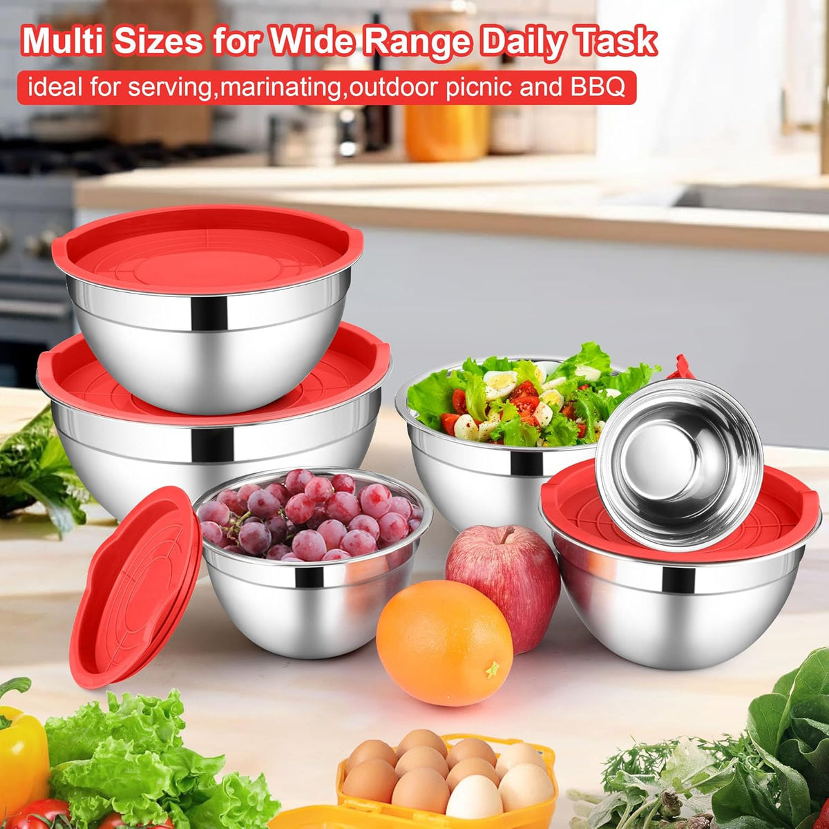 LIANYU 6 Pack Stainless Steel Mixing Bowls with Airtight Lids, Large Metal Nesting Salad Bowls, Ideal for Kitchen Prepping, Baking, Freezer Storage, Size 7, 3.5, 2.5, 2, 1.5, 1QT, Dishwasher Safe, Red