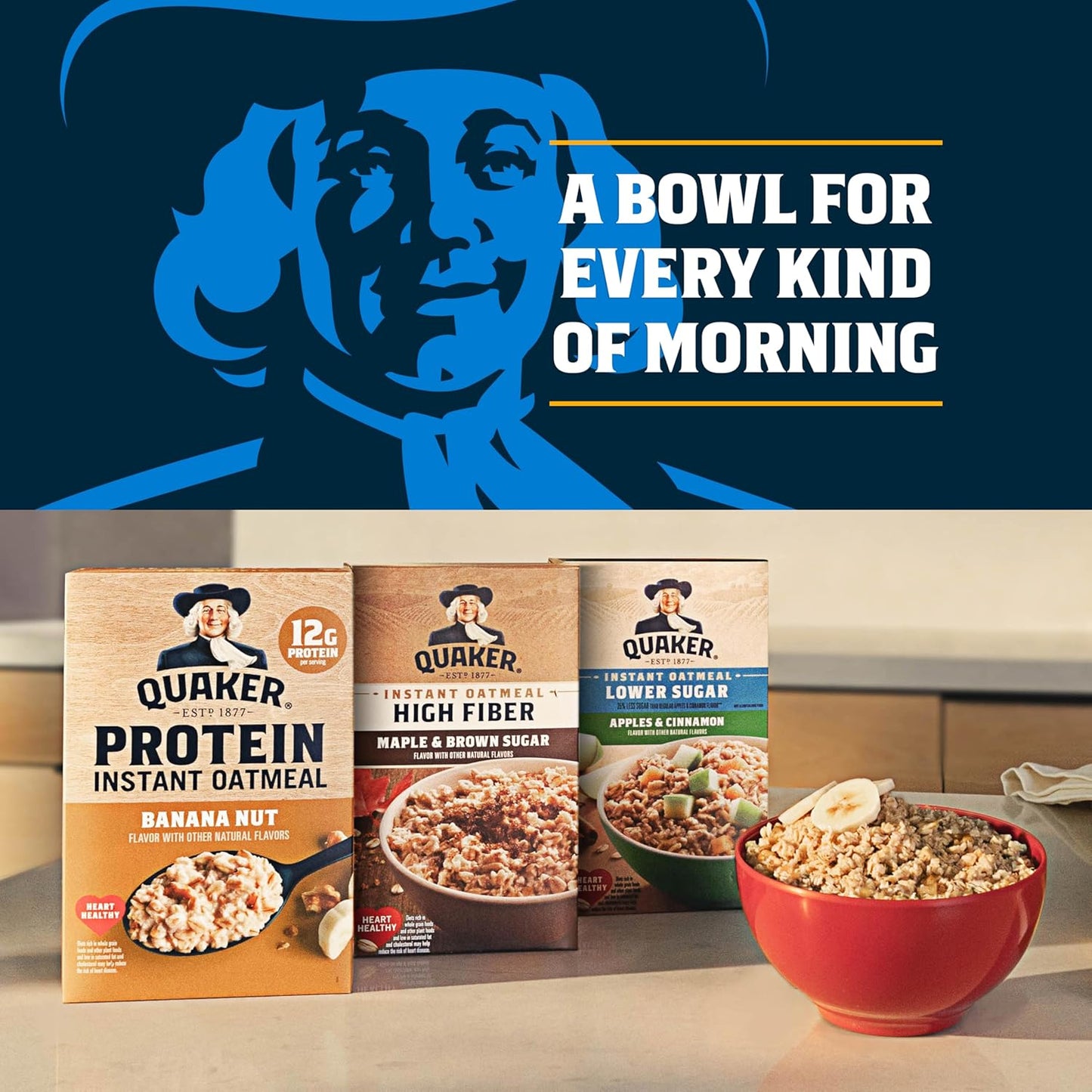 Quaker Protein Instant Oatmeal, Apple Cinnamon, 12g Protein per Serving, Whole Grains, No Artificial Flavors, No Added Colors, 1.76 oz Packets, (24 Pack)