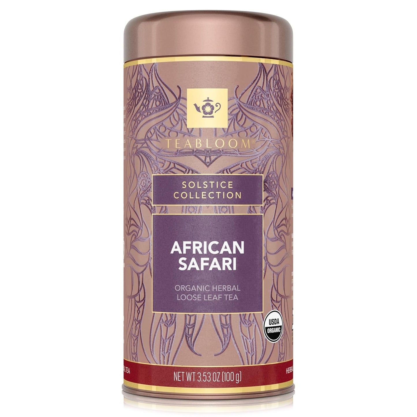 Teabloom Organic Herbal Tea, African Safari Loose Leaf Tea, Sweet Rooibos Blend with Berry Flavors and Vanilla, USDA Certified Organic, Fresh Whole Leaf Blend in Reusable Gift Canister, 3.53 oz/100 g Canister Makes 35-50 Cups