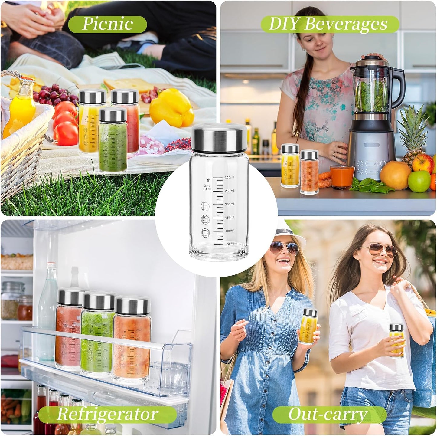 souG 4 Pack 14oz Juice Bottles,Wide Mouth Glass Water Bottles with Lids - for Juicing, Smoothies, Milk, Protein, BPA Free, Reusable, Stainless Steel Lids, Leak Proof, Shaker bottle (14oz/400ml)