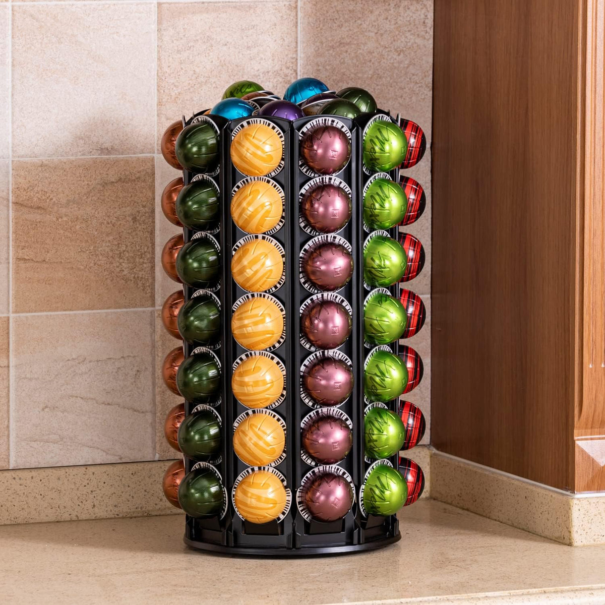 FlagShip Vertuo Pod Carousel Holder 100+ Pods Capacity Black Sturdy Metal | Maximize Save Space Heavy Duty 360° Silent Rolling Large Capacity for Nespresso Pod Organizer Fits All Size Vertuo Pod