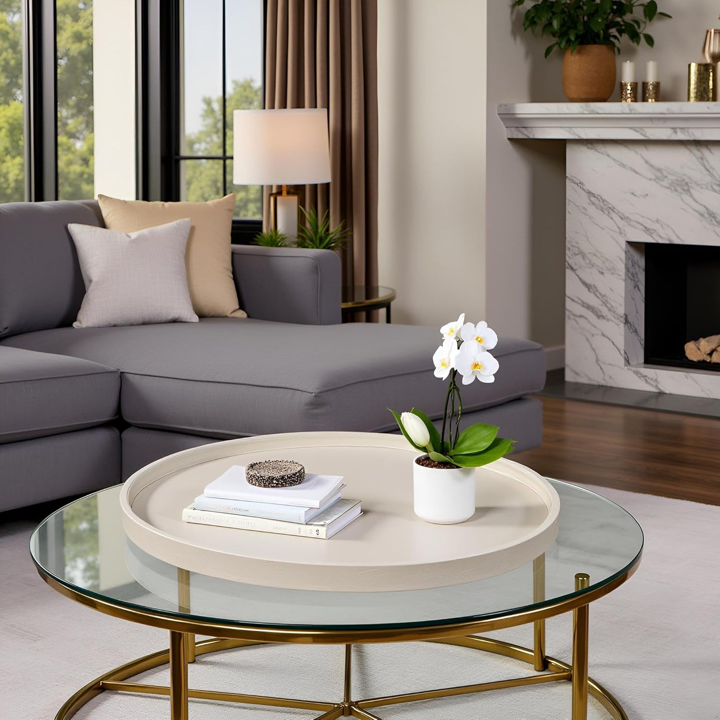 30 * 30 inches high-end Light Luxury Leather Round Oversized Service Tray, Ottoman Tray,Coffee Tray, Food Tray, Family Dinner, Out-of-House Picnic, Party Essential Tray (30 inch Beige)