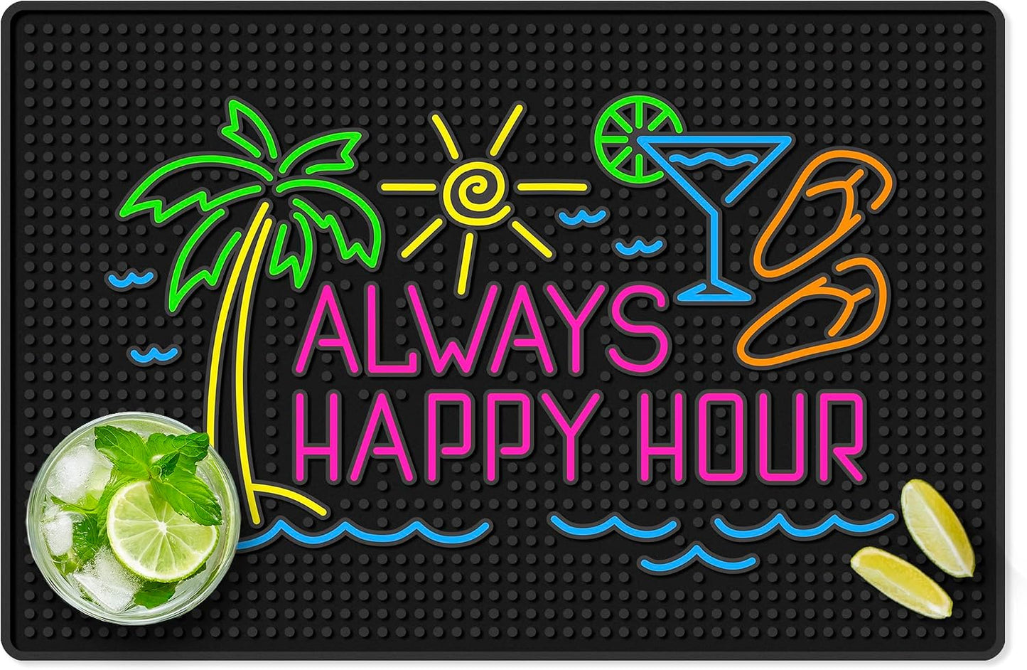 Always Happy Hour Bar Mat - Tiki 18"x12" Rubber Bar Mat for Home Bar, Outdoor Bar, Wet Bar & Countertop, Non-Slip Tropical Spill Mat for Pool, Patio & Tiki Lounge