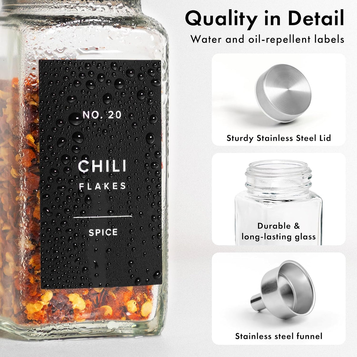 Glass Spice Jars with Labels and Steel Lids (24 x 4oz) Spice Containers with 240 Label, Steel Funnel, Shaker Inserts, Empty Square Seasoning Organizer for Spice Rack, Cabinet, Drawer