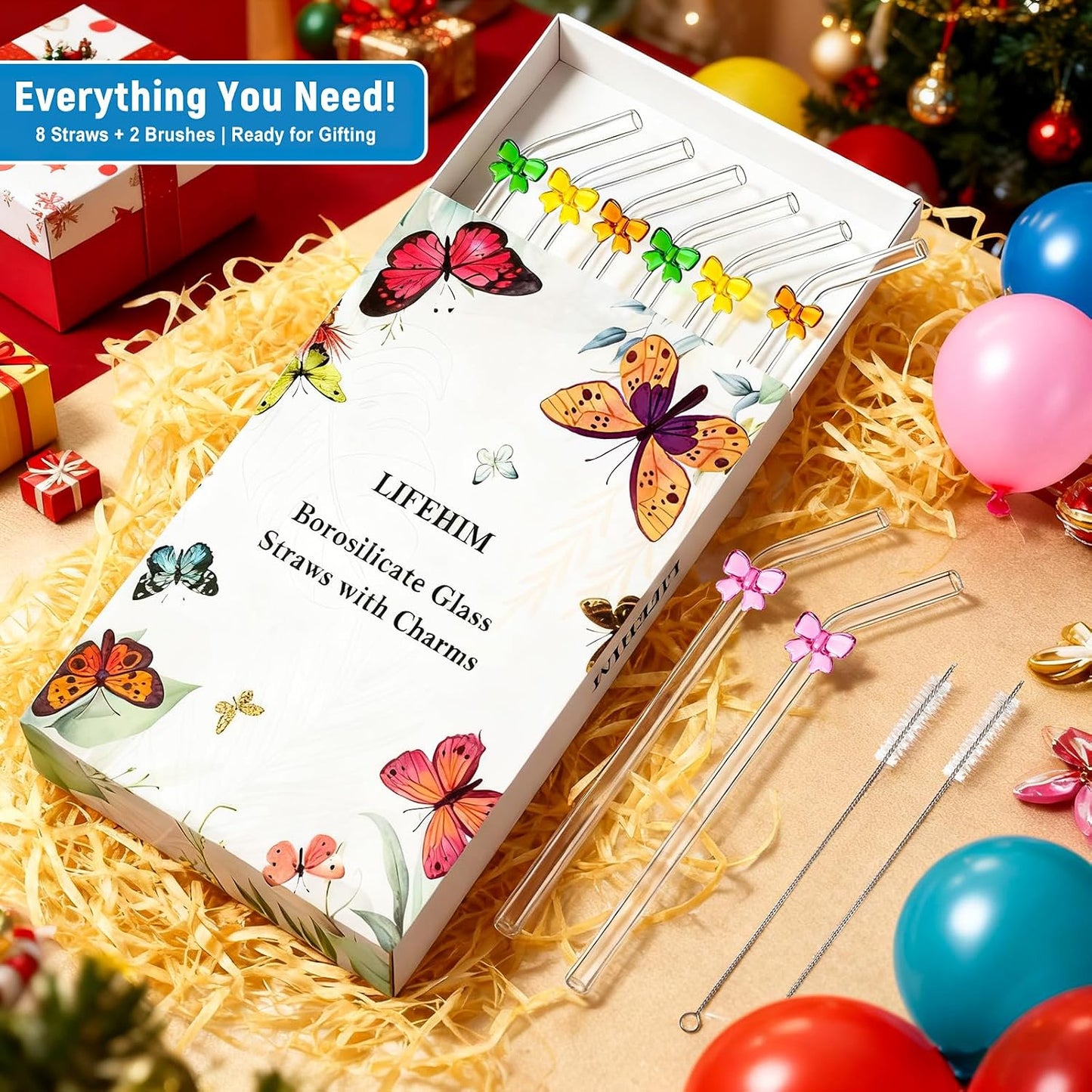 8pack Multicolor Bow Borosilicate Glass Straws with Charms, 9 Inch 8mm Bent | Different bow straws glass help guests identify iced coffee, lemonade and mocktails at birthdays, brunches and cheerful pary