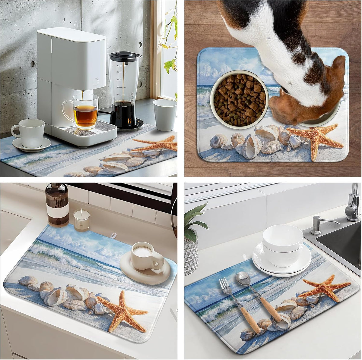 Summer Beach Dish Drying Mat for Kitchen Counter Starfish Coastal Shells Kitchen Dishes Dryer Pad Absorbent Matt Microfiber Washable Foldable Reusable Large 18x24 in