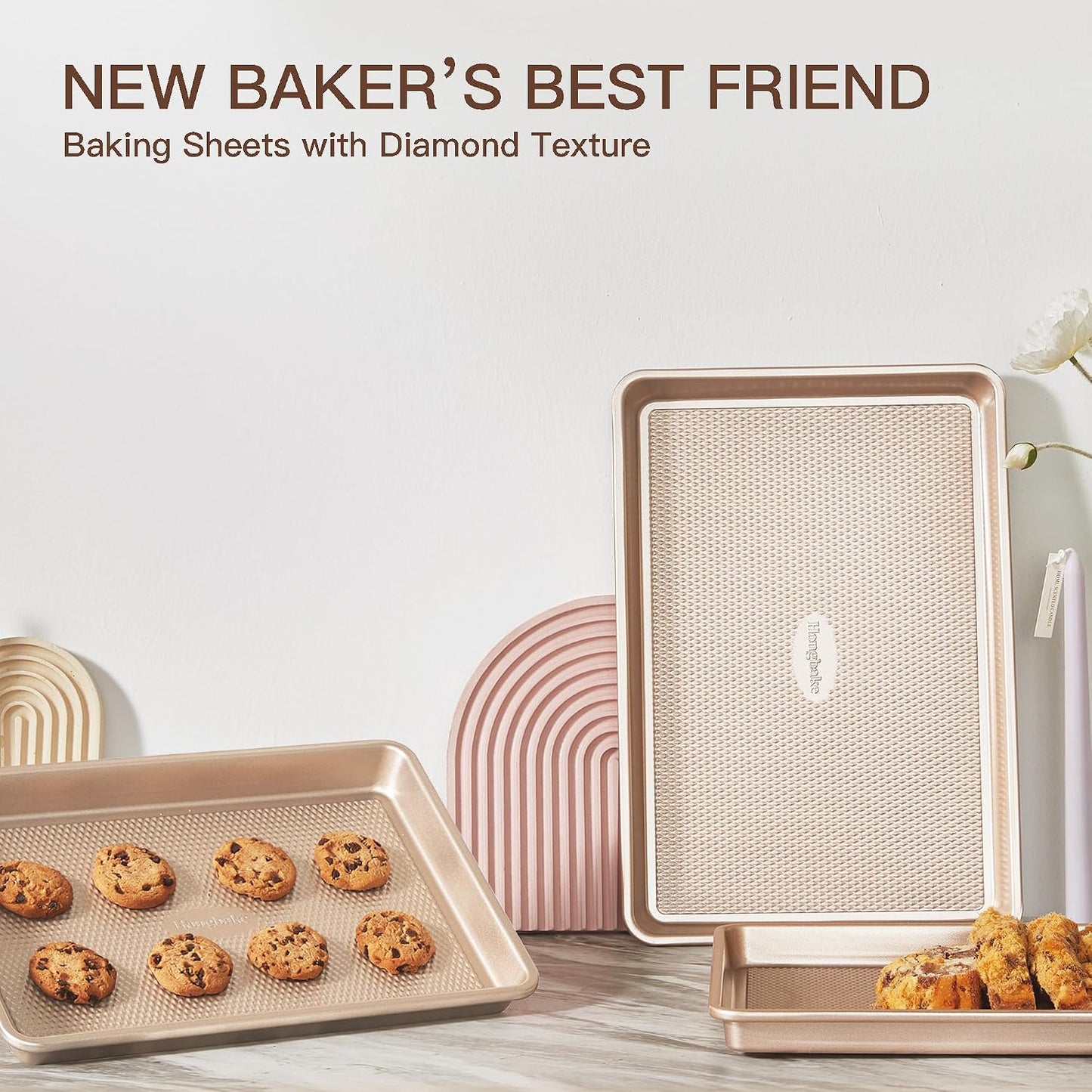 Baking Sheet Pan Set of 3, Cookie Sheets for Oven, Nonstick Half/Quarter/Jelly Roll Pans with Diamond Texture Pattern, 0.8mm Thick Heavy Duty Cookie Tray, Champagne Gold