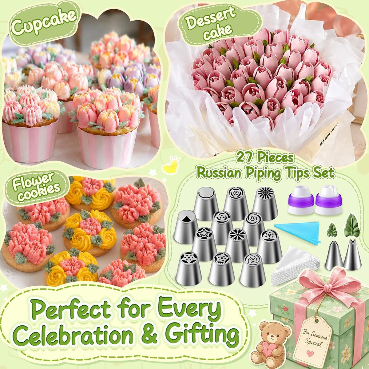 Suuker 27 Pieces Russian Piping Tips Set | 12 Icing Tips, 10 Disposable Piping Bags, 2 Leaf Piping Tips, 2 Couplers, 1 Silicone Bag