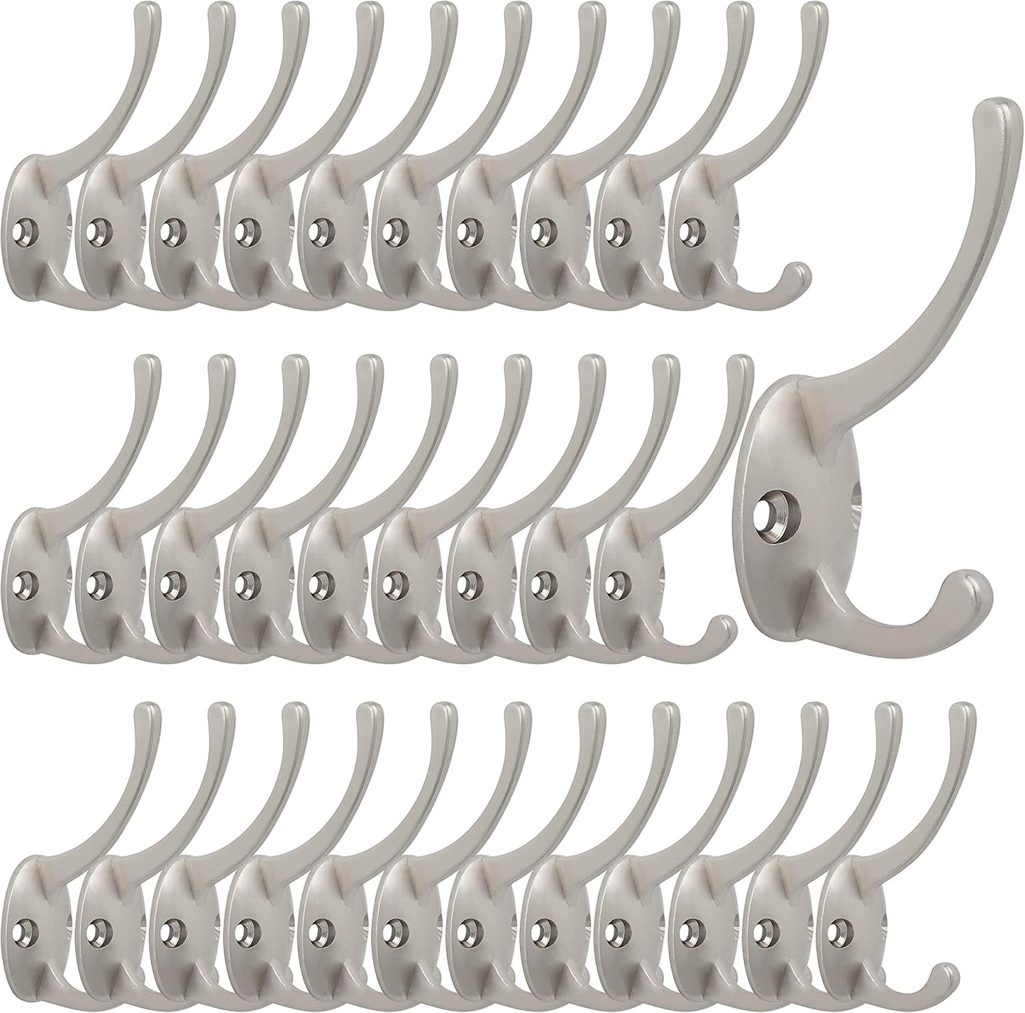 IBosins 32 Pack Silver Coat Hooks Wall Mounted with 64 Screws Retro Double Hooks Utility Silver Hook