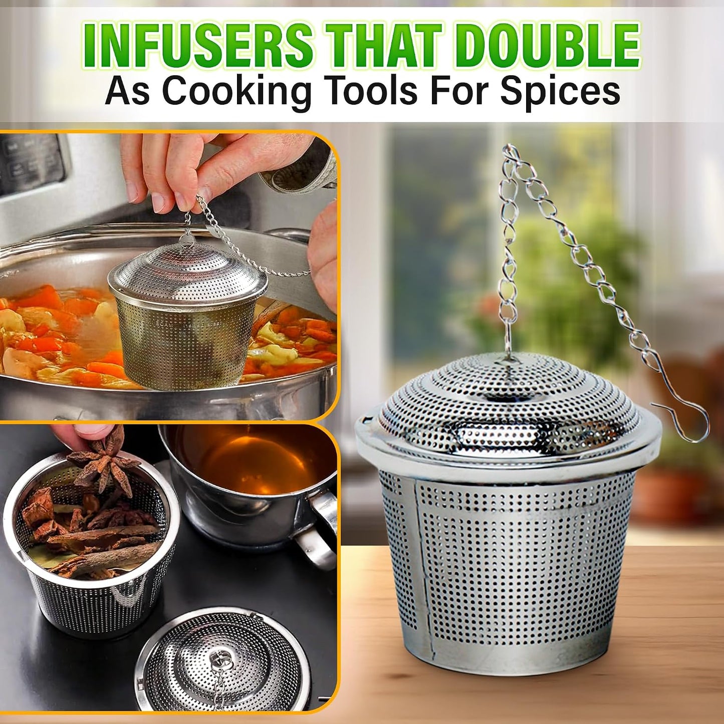 Tea Infuser Set of 3 (1 Large, 2 Small) with Scoop, Stainless Steel | Loose Leaf Tea Steeper; Extra Fine Mesh Holes, Extended Chain, Sleek & Shiny Surface; Reusable; for Herbs, Spices & Cooking