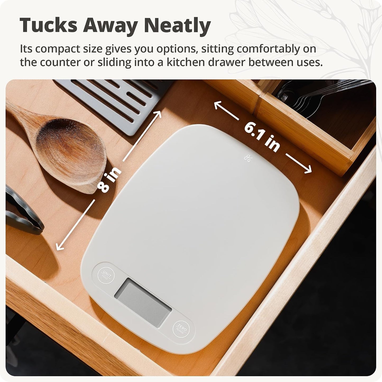Greater Goods Food Scale, Slim & Compact Build, 1g Precision (Ash Gray) | Digital Kitchen Scale for Cooking, Meal Prep & Portion Control, Tare, Auto Shut-Off, g/oz/lb/ml Conversion & Calorie Tracking