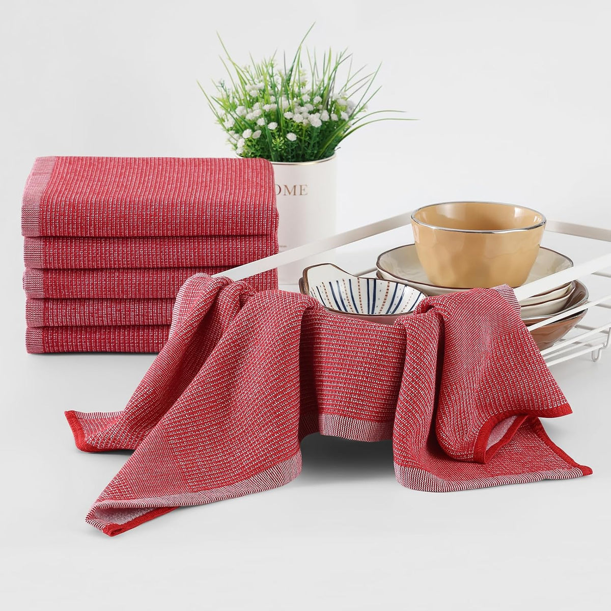 Homaxy Premium Kitchen Towels(18”x 28”, 8 Pack), Large Cotton Kitchen Hand Towels, Flat and Terry Dish Towels, 380 GSM Highly Absorbent Tea Towel Set with Hanging Loop, Red
