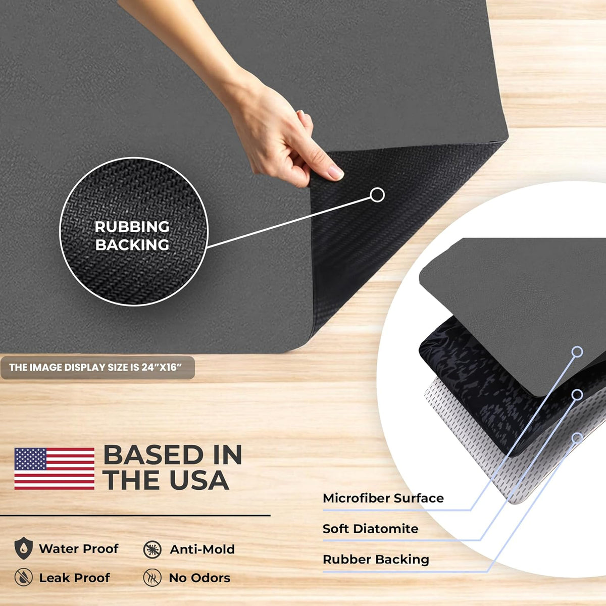 Dish Drying Mat Super Absorbent – 16" x 12" Coffee Mat for Countertops – Non-Slip Drying Mat for Kitchen Counter – Easy to Clean Water Absorbent Mat – Quick Dry Dish Drying Mats (Dark Gray)