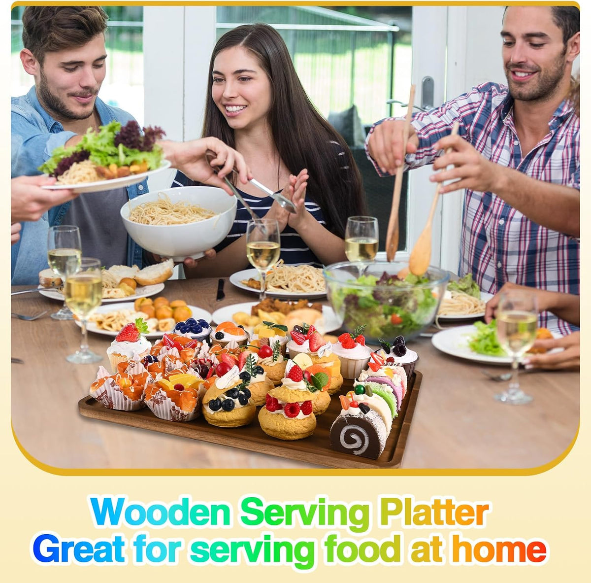 2 Pcs Acacia Wood Serving Tray, Rectangular Wooden Serving Platters Charcuterie Board, Large Wood Kitchen Display Tray for Food, Cookie, Dessert, Fruit, Snack, Vegetable, 16.6" x 12.6" x 0.6"