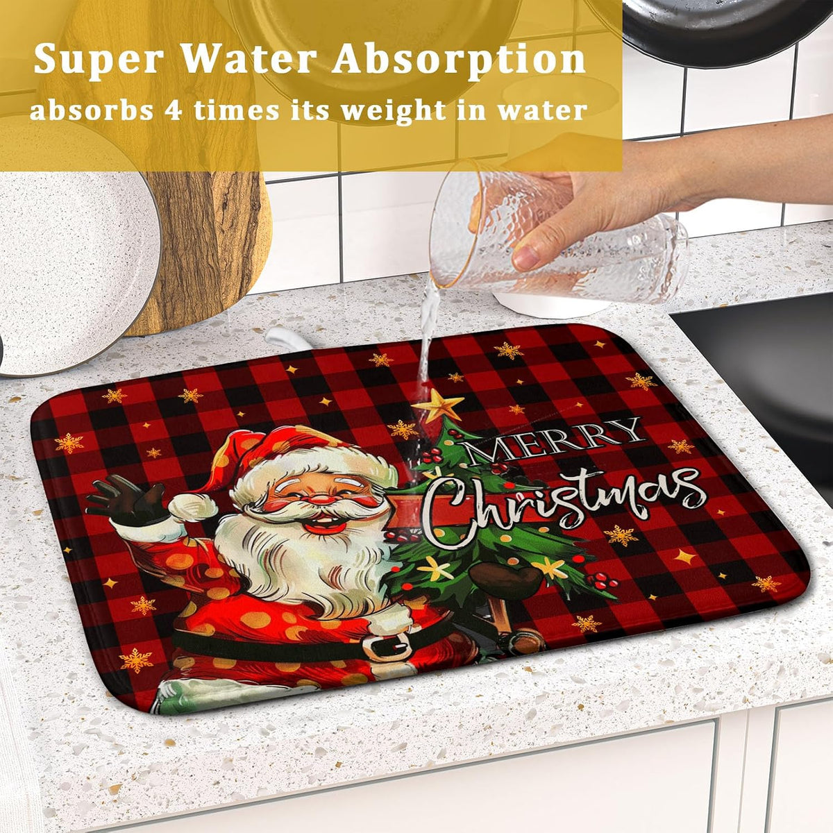 Merry Christmas Santa Claus Red Buffalo Plaid Dish Drying Mat for Kitchen Counter,Winter Snowflake Xmas Tree Drying Mat 16 x 18 Inch with Absorbent Reversible Microfiber Dish Drying Pad for Coffee Bar