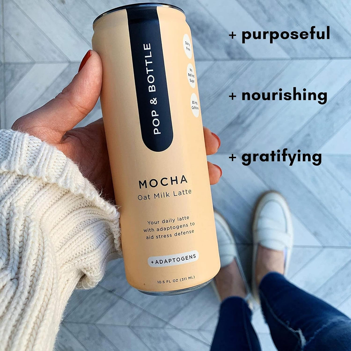 Pop & Bottle - Oat Milk Lattes with Maca - Mocha, 8 Fl Oz (12 Pack) | Cold Brew with Adaptogens, Ashwagandha, Organic, Dairy Free, Gluten Free, Great as Iced Coffee, Lightly Sweetened with Dates