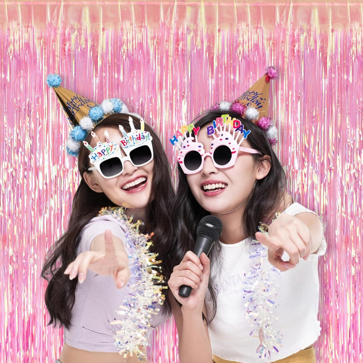 BRAVESHINE Clear Pink Streamers Party Curtain | Iridescent Fringe Backdrop | 2PCS 3.2x6.5ft Holographic Tinsel Curtain Photo Backdrop for Girls/Birthday/Bridal Shower/Bachelorette/Engagement Decorations