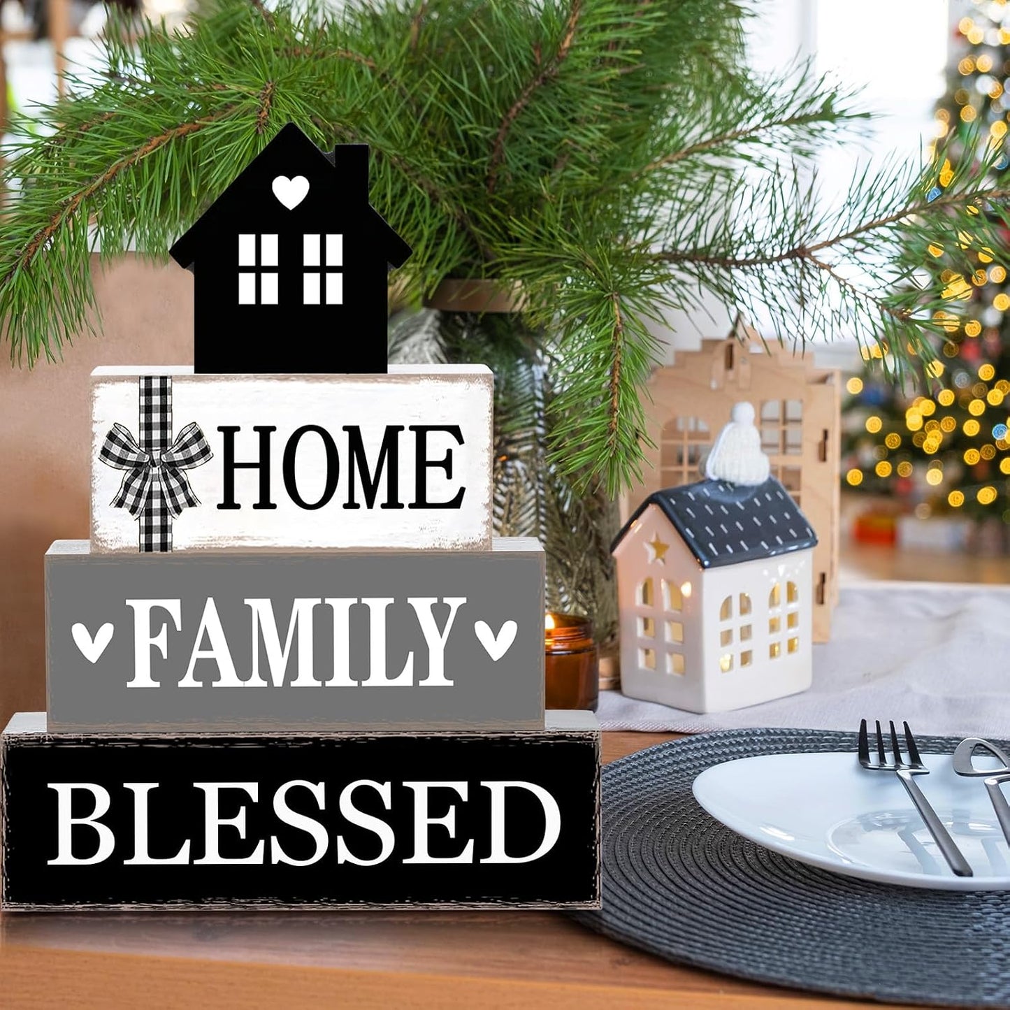 Cinnvoice 4 Pcs Farmhouse Table Decoration Rustic Sign Block,Blessed
