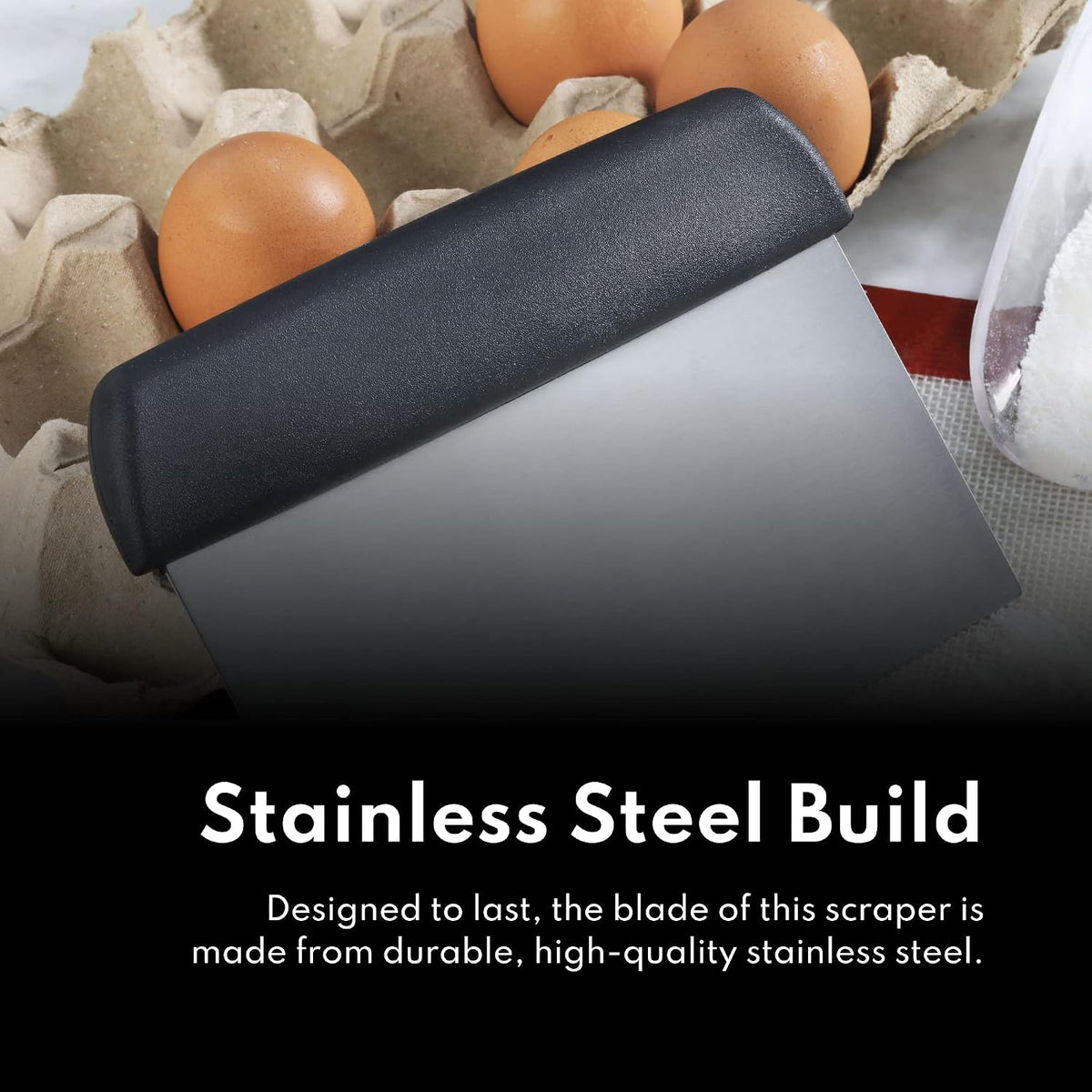 New Star Foodservice Bakery-Grade Stainless Steel Dough Scraper with Black Plastic Handle, 6 x 3 Inch Bench Scraper, Pastry Cutter, Dough Divider, Baking Prep Tool