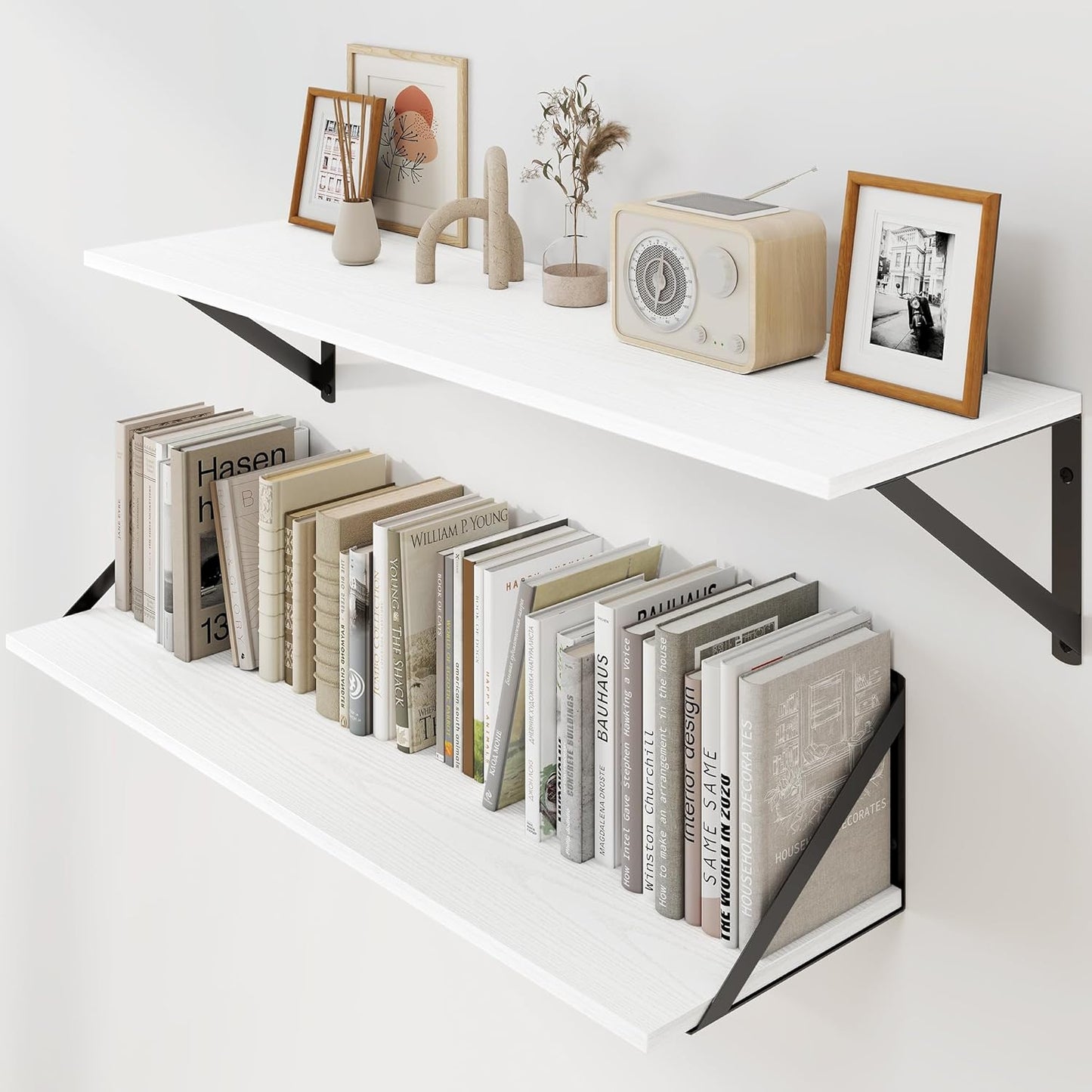 Heimlove White Deep Floating Shelves for Wall, 30W x 8D Wood Wall Shelves Set of 2, Wide Floating Bo