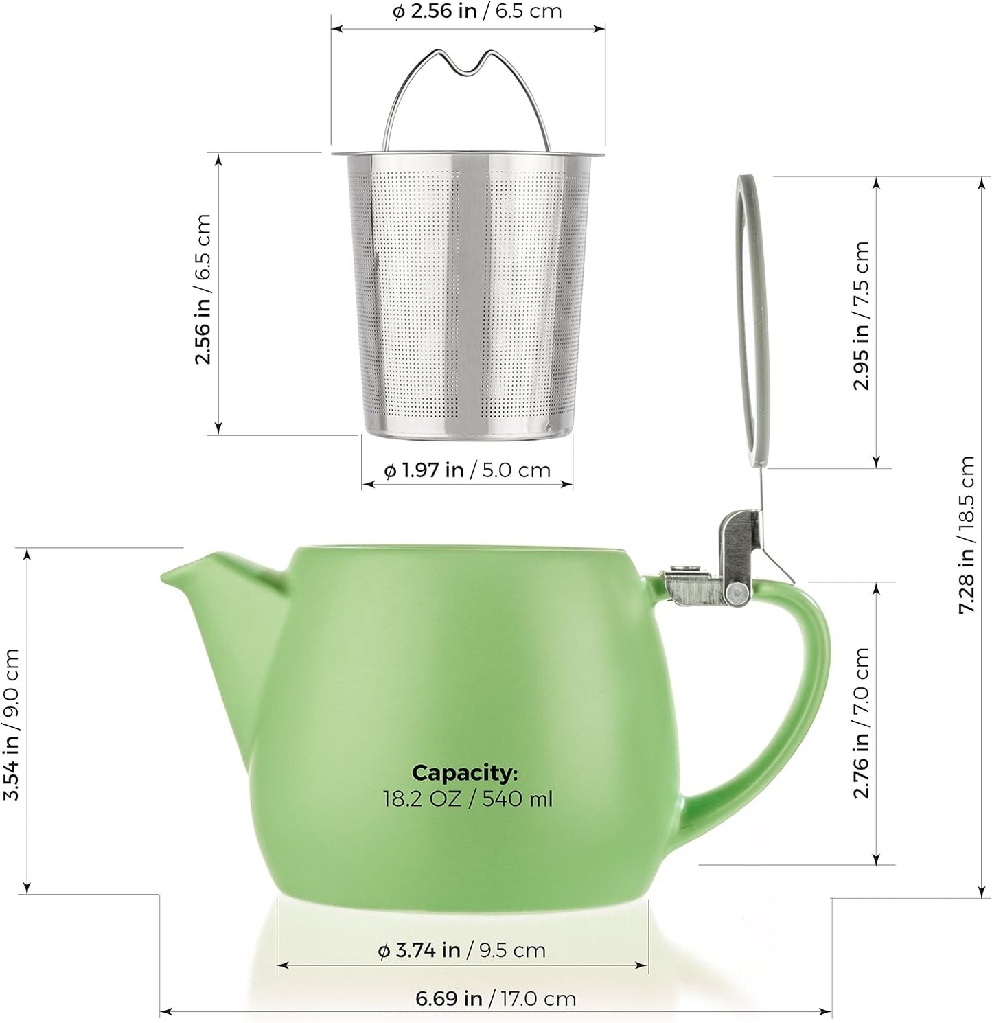 Tealyra - Pluto Porcelain Small Teapot Lime - 18.2-ounce (1-2 cups) - Matte Finish - Stainless Steel Lid and Extra-Fine Infuser To Brew Loose Leaf Tea - 540ml