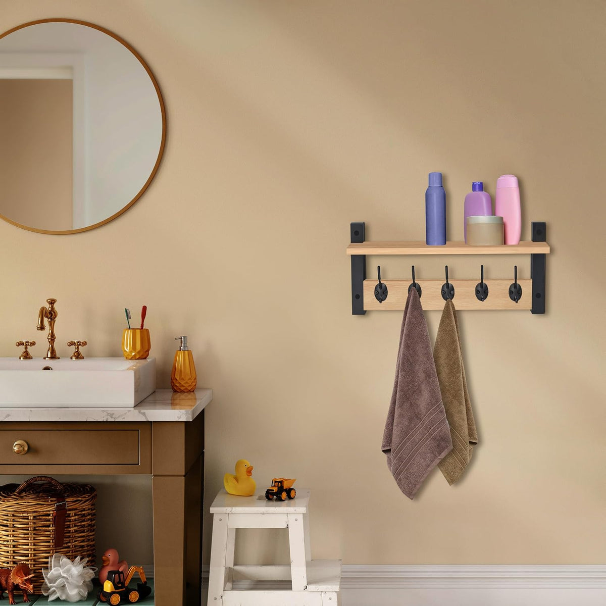 Sorbus Coat Rack Wall Mount with Shelf (Maple Wood, 16 Inch)