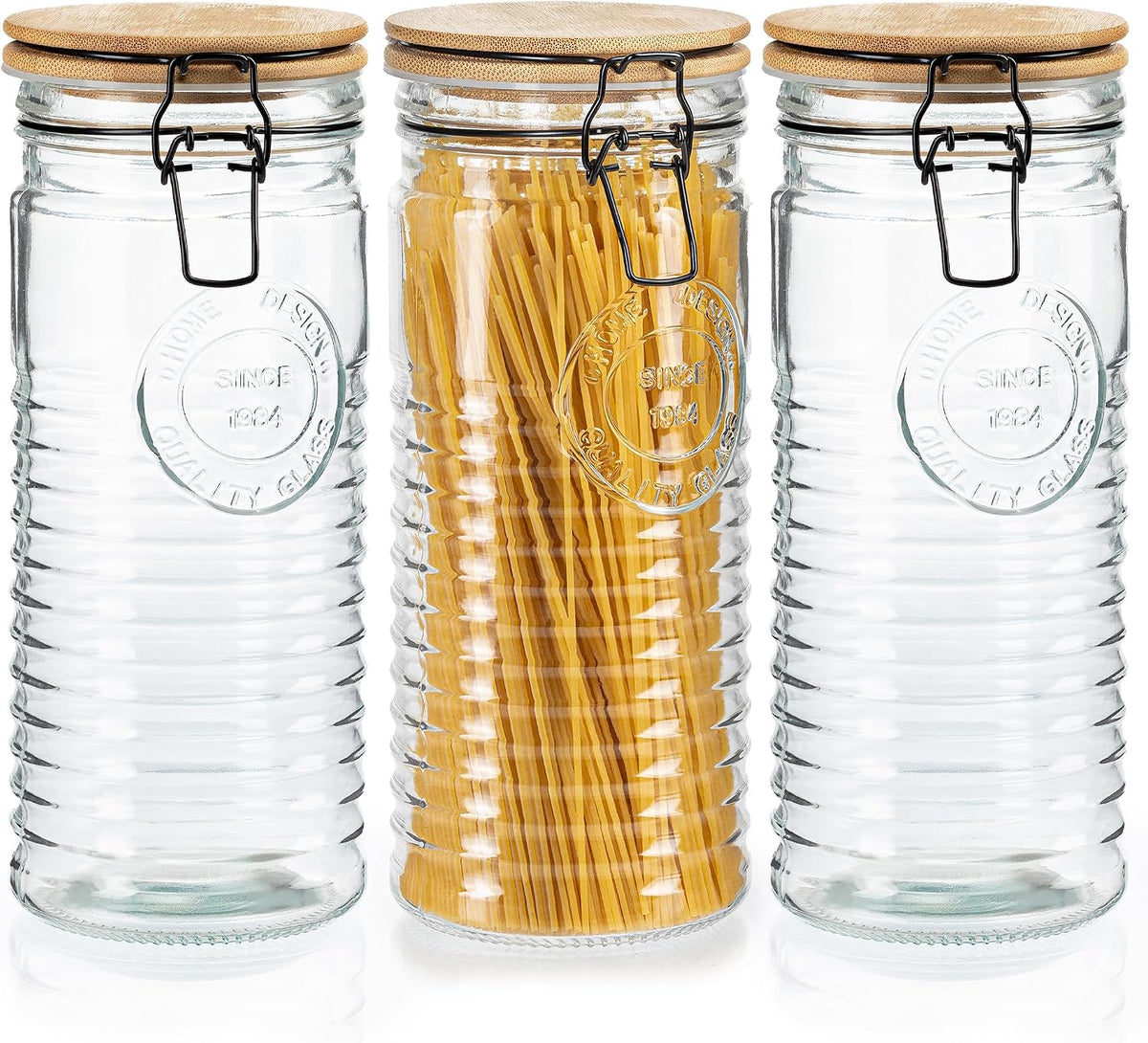 kitchentoolz Tall Glass Pasta Storage Containers with Airtight Clasp Lids - Set of 3 Glass Spaghetti Storage Containers for - 56 Ounce Pantry Organizing Canister Set - 9.75 Inch Tall