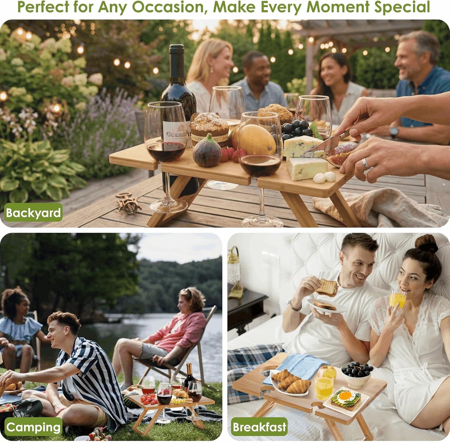 Portable Wine Picnic Table with 5 Wine Glasses Holder, Foldable Champagne Picnic Snack Table, Wine and Cheese Table for