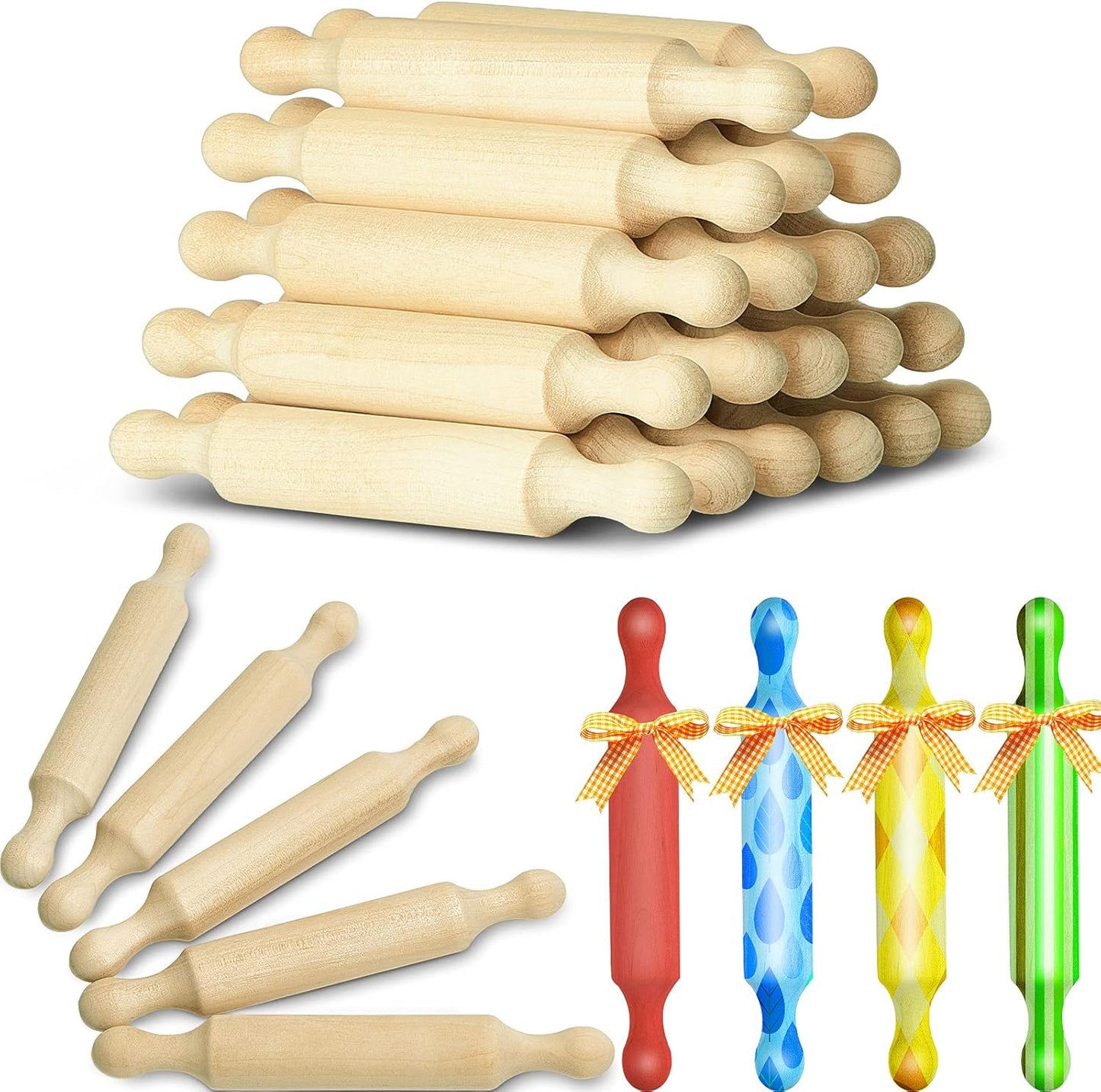 Suclain 20 Pcs Wooden Mini Rolling Pin Long Kitchen Baking Small Dough Rolling Pin for Children Fond