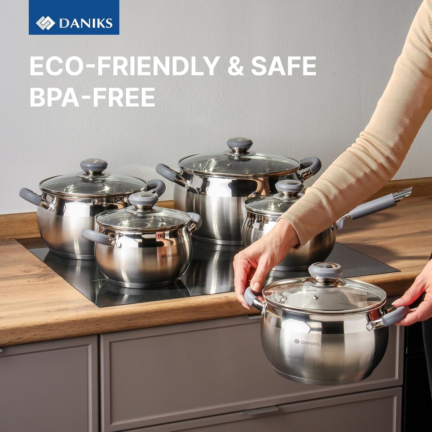Daniks Modern 11-Piece Stainless Steel Cookware Set with Glass Lids, Includes Saucepan and Frying Pan with Lid, Tri-Ply